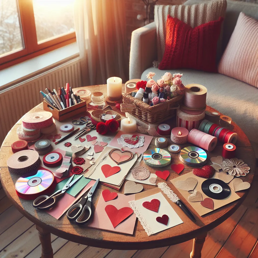A cozy living room setting with DIY craft supplies scattered on a table - scissors, ribbons, notes