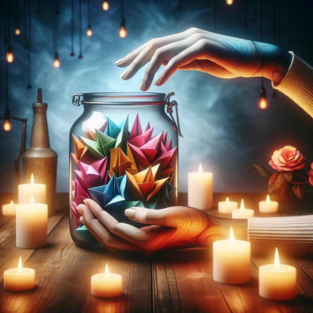 A person holding a colorful jar filled with folded notes behind a candle-lit dinner setup