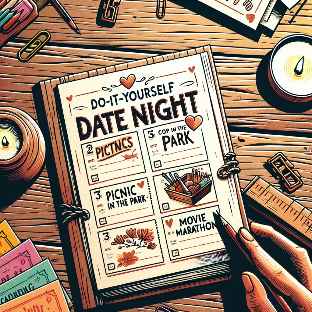 An open coupon book on a table with handwritten date ideas like "Picnic in the Park" and "Movie Marathon Night"