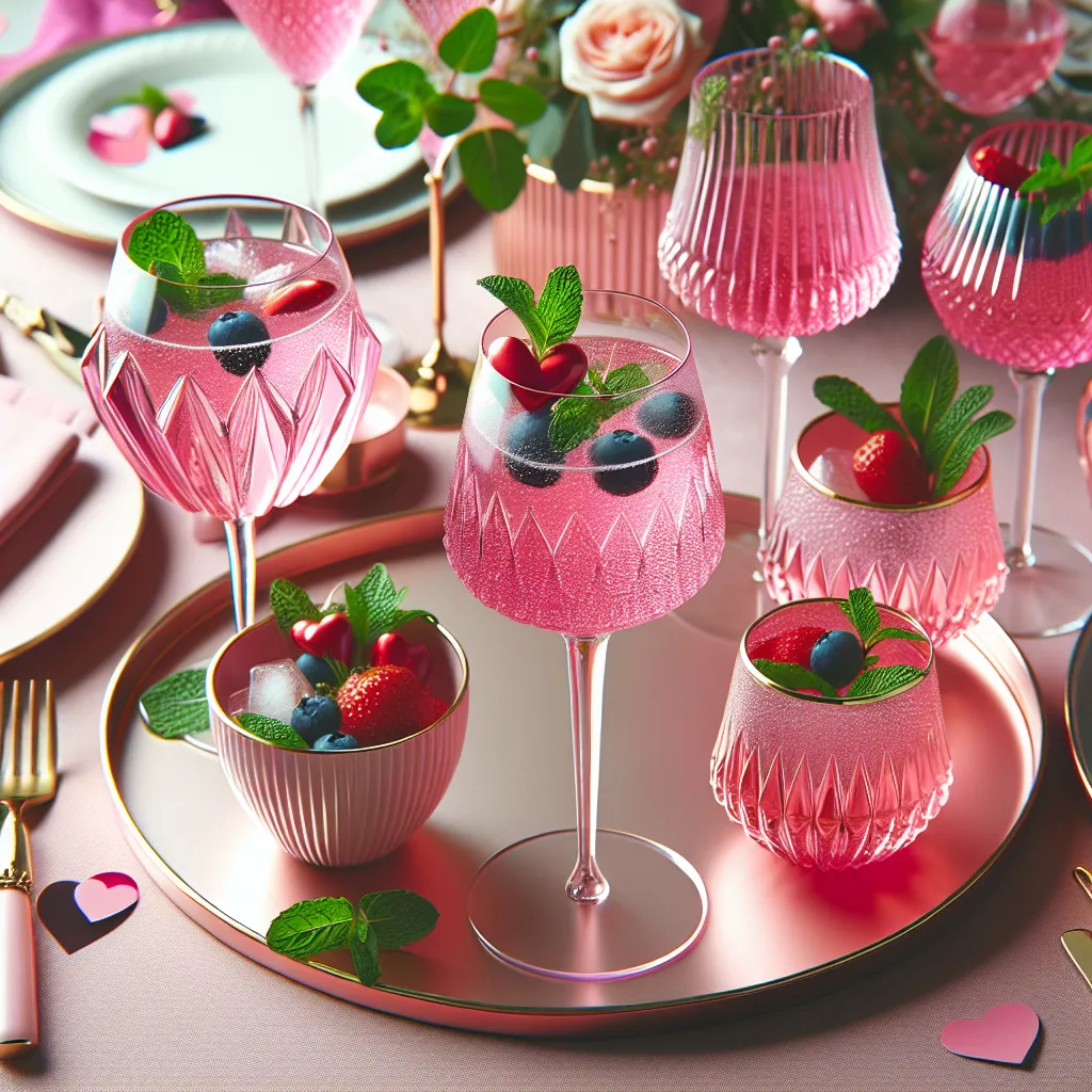 A fancy table setup with uniquely shaped glasses full of sparkling pink cocktails, garnished with mint and berries