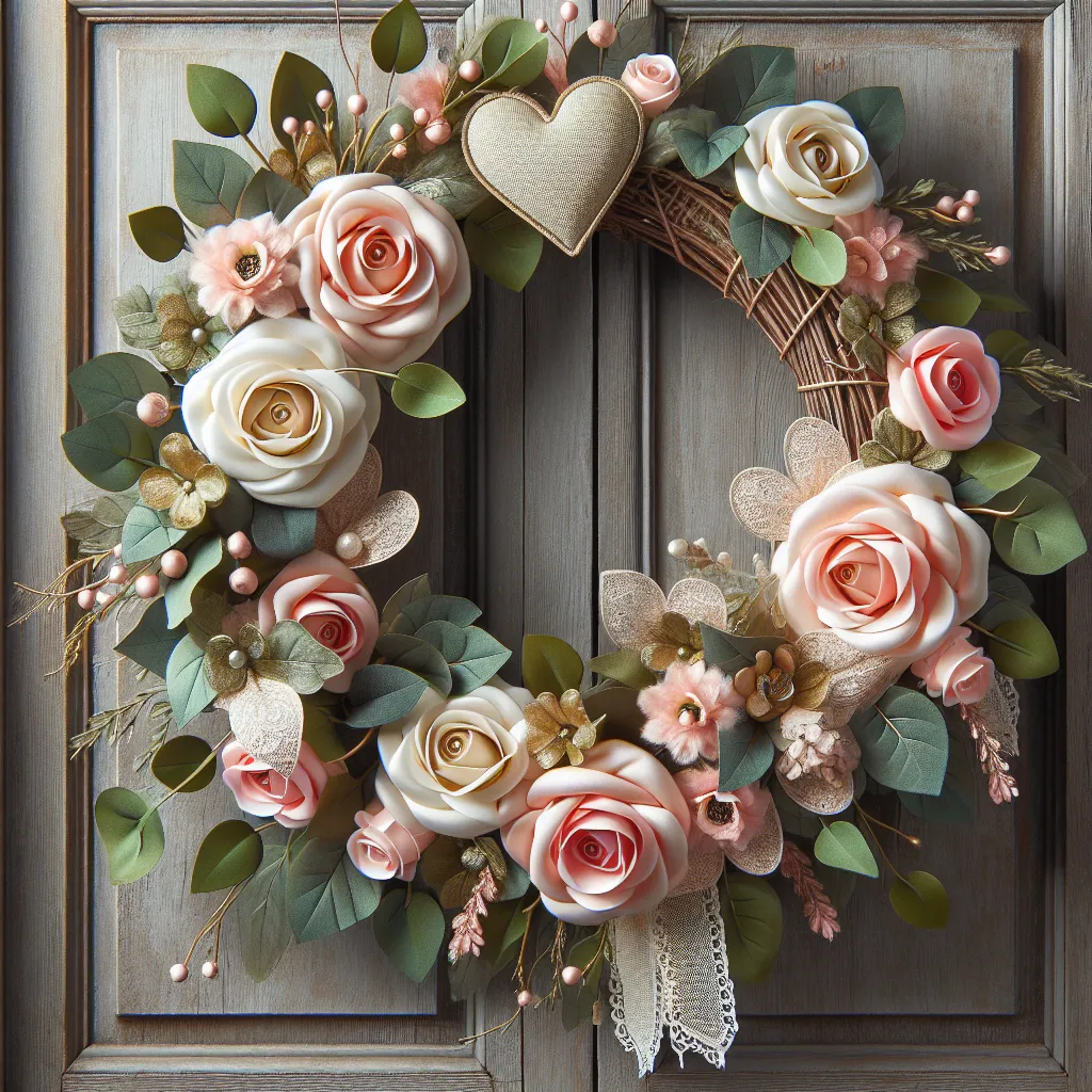 A welcoming wreath on a front door with varied colored roses and decorative hearts