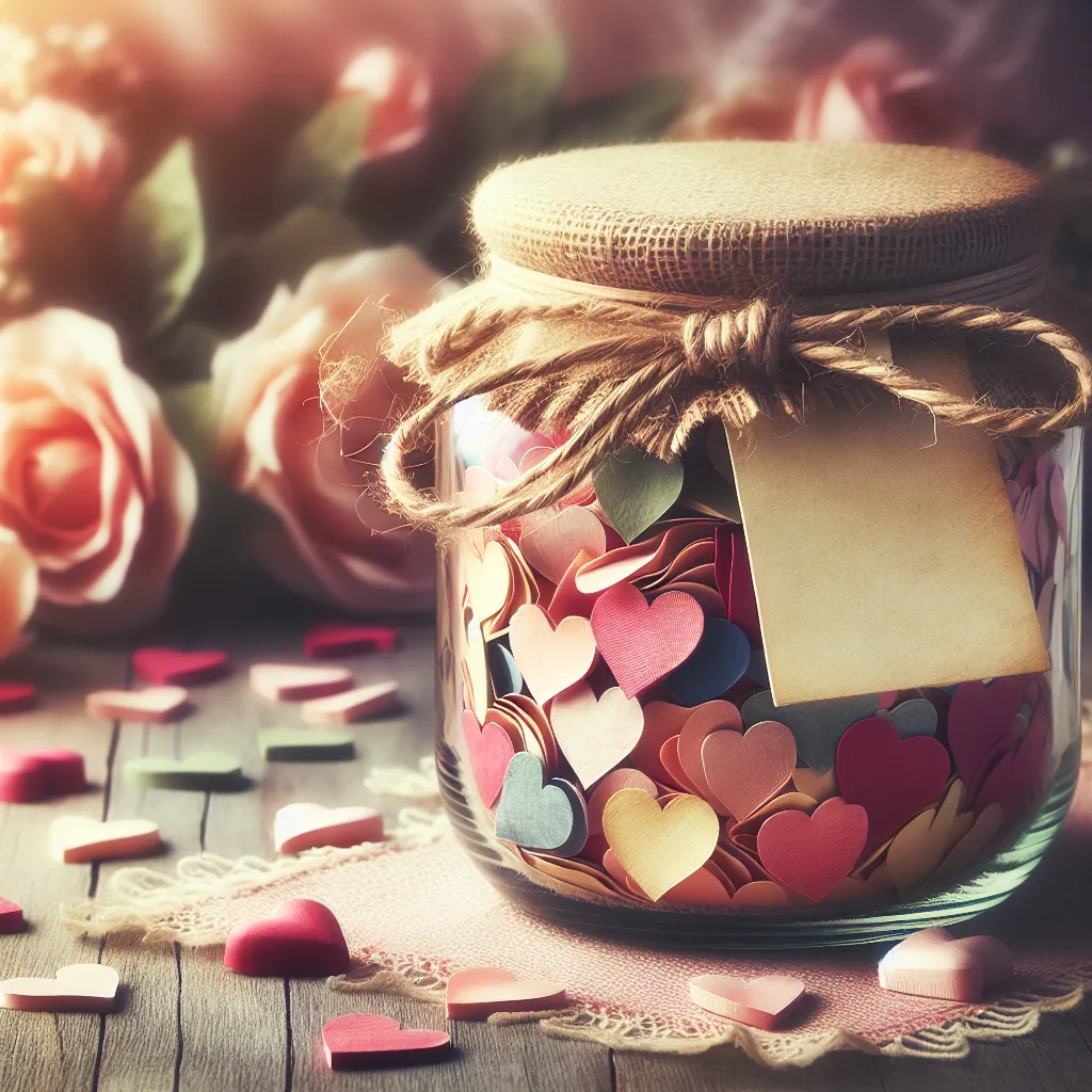 Close-up of a beautifully decorated jar filled with colorful heart-shaped notes and tied with twine