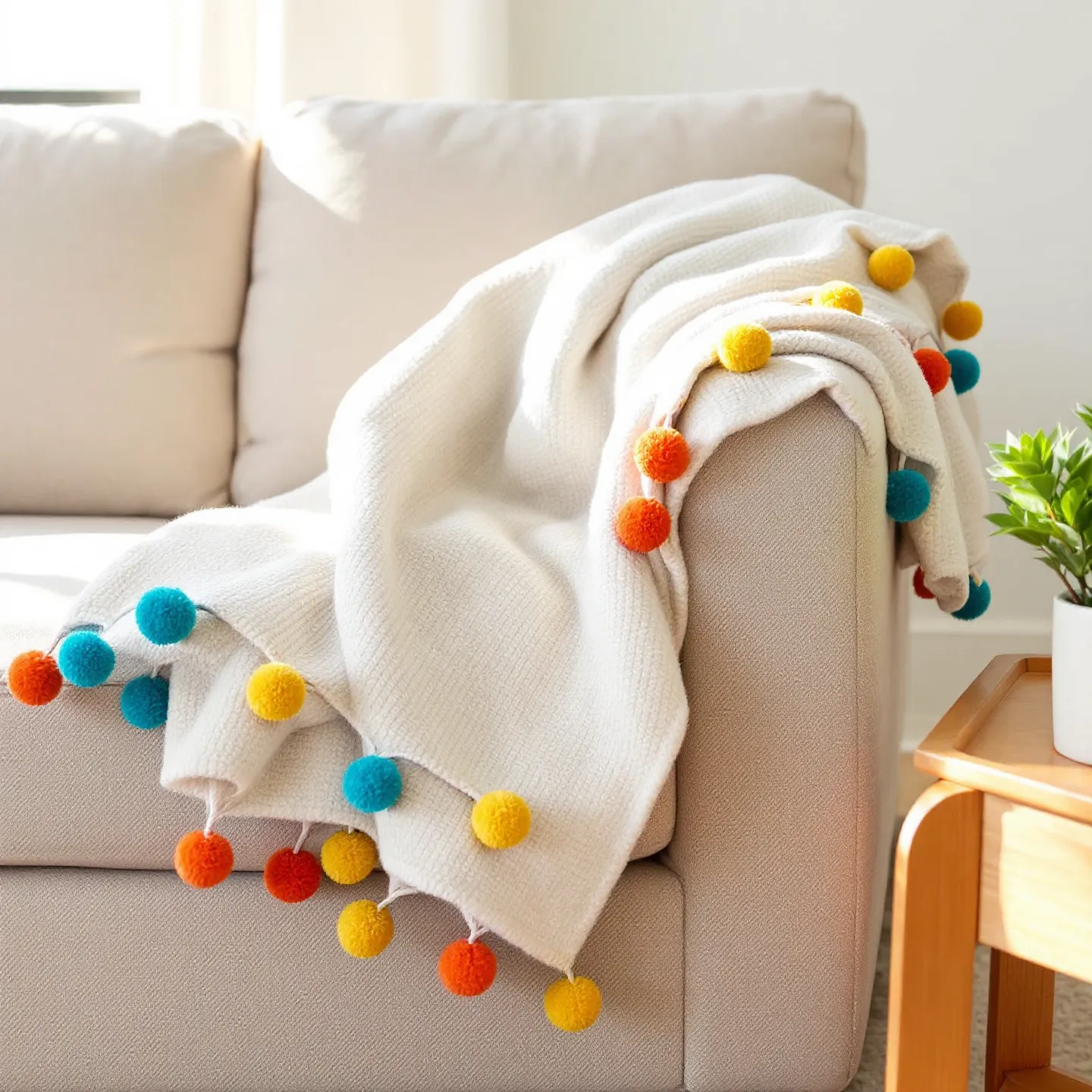 photo of a transformed throw blanket with colorful pom-poms on the edges, draped over a cozy couch