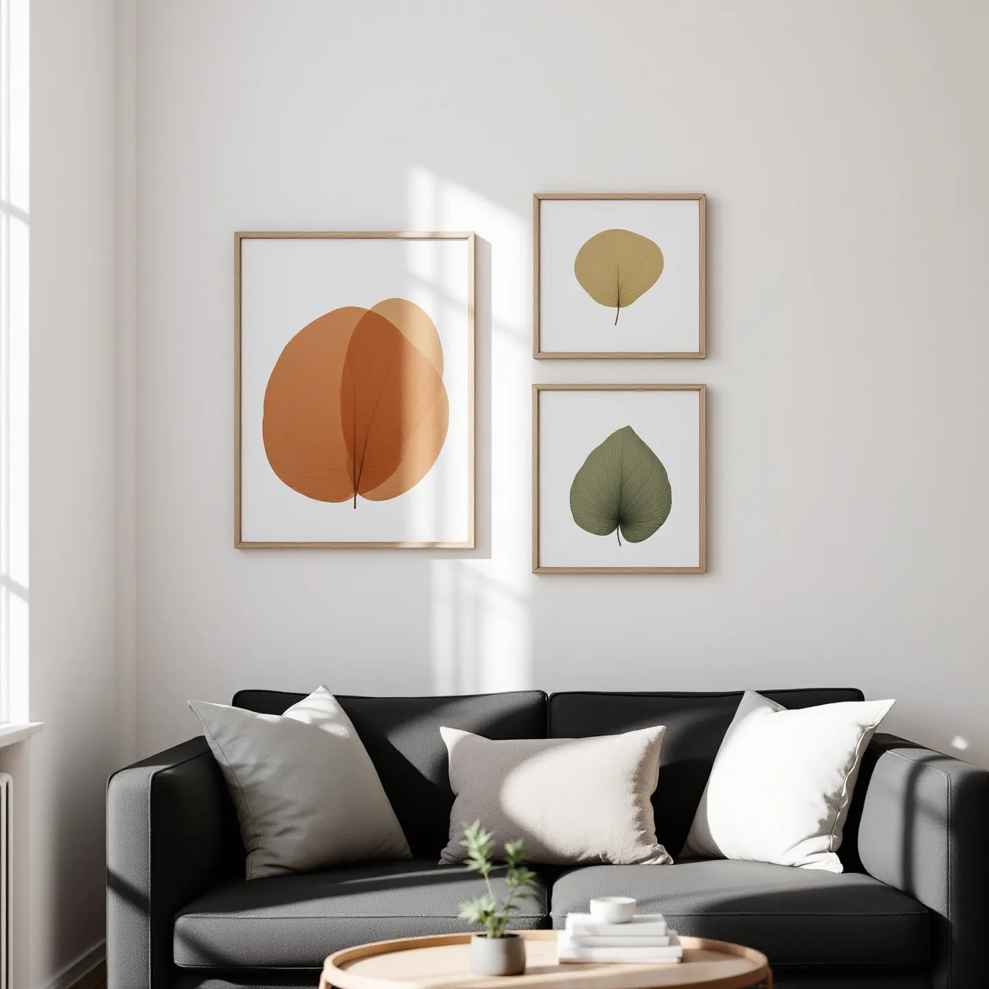 A living room wall adorned with nature-inspired art, showcasing vibrant leaf impressions in earthy tones