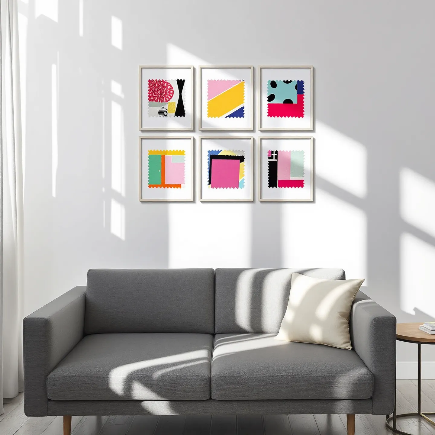 A series of colorful fabric swatch frames arranged on a wall, adding vibrancy to a modern living room