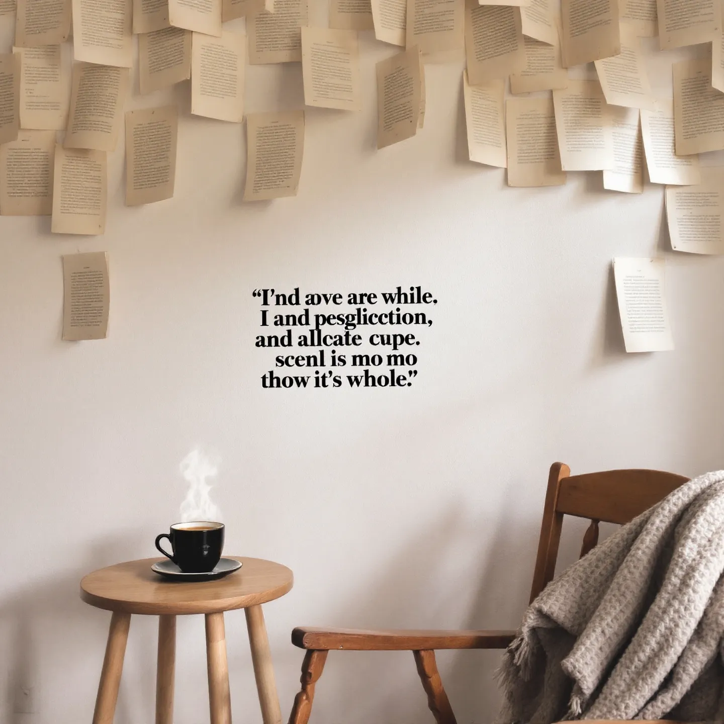 An image of a stylishly decorated wall using pages of books, with a cool stencil of a literary quote in a cozy reading nook