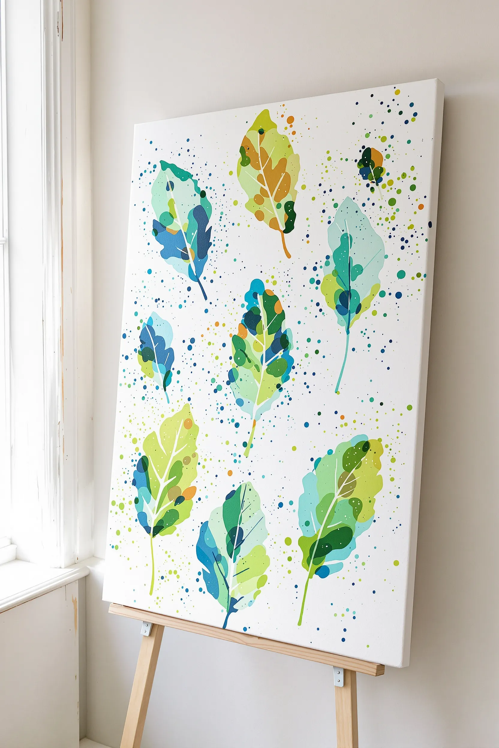 A series of paint-splattered leaf prints arranged artistically on a large canvas