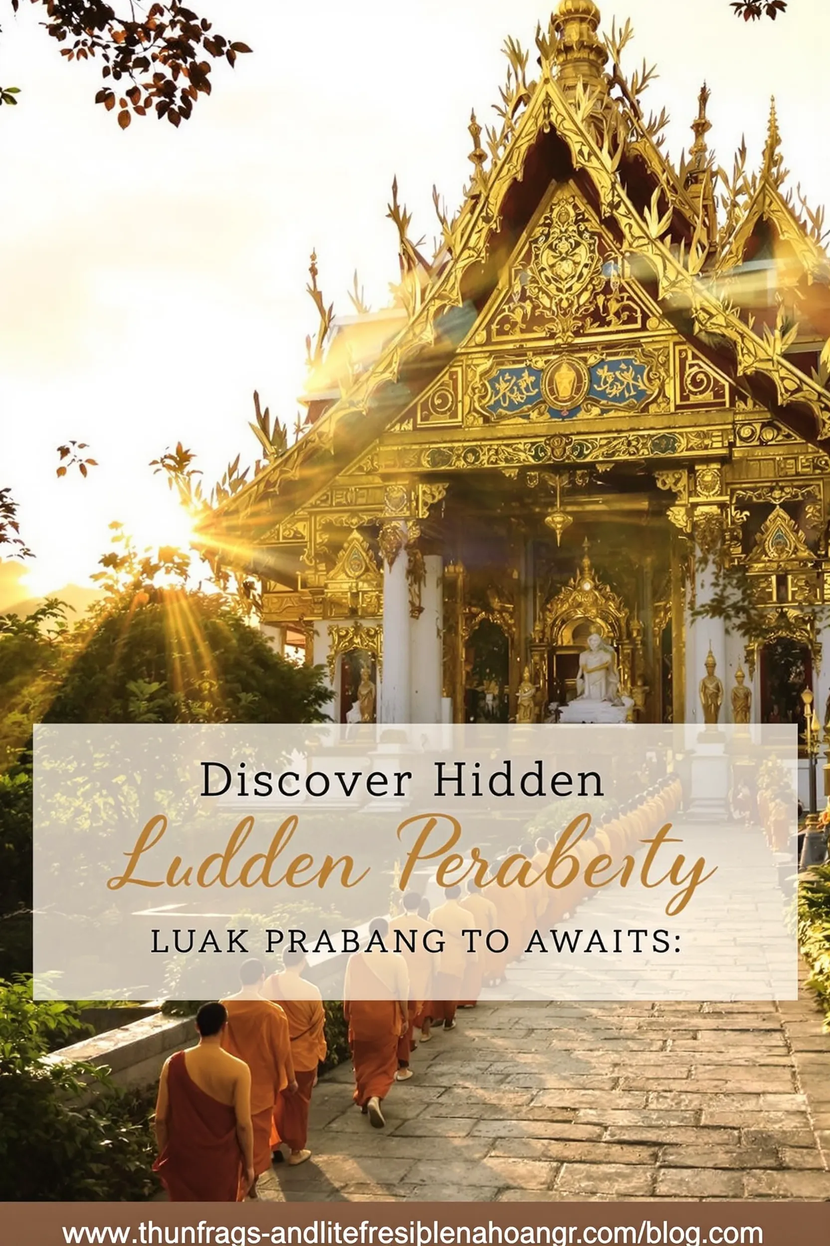 a golden temple with monks walking in Luang Prabang at sunrise