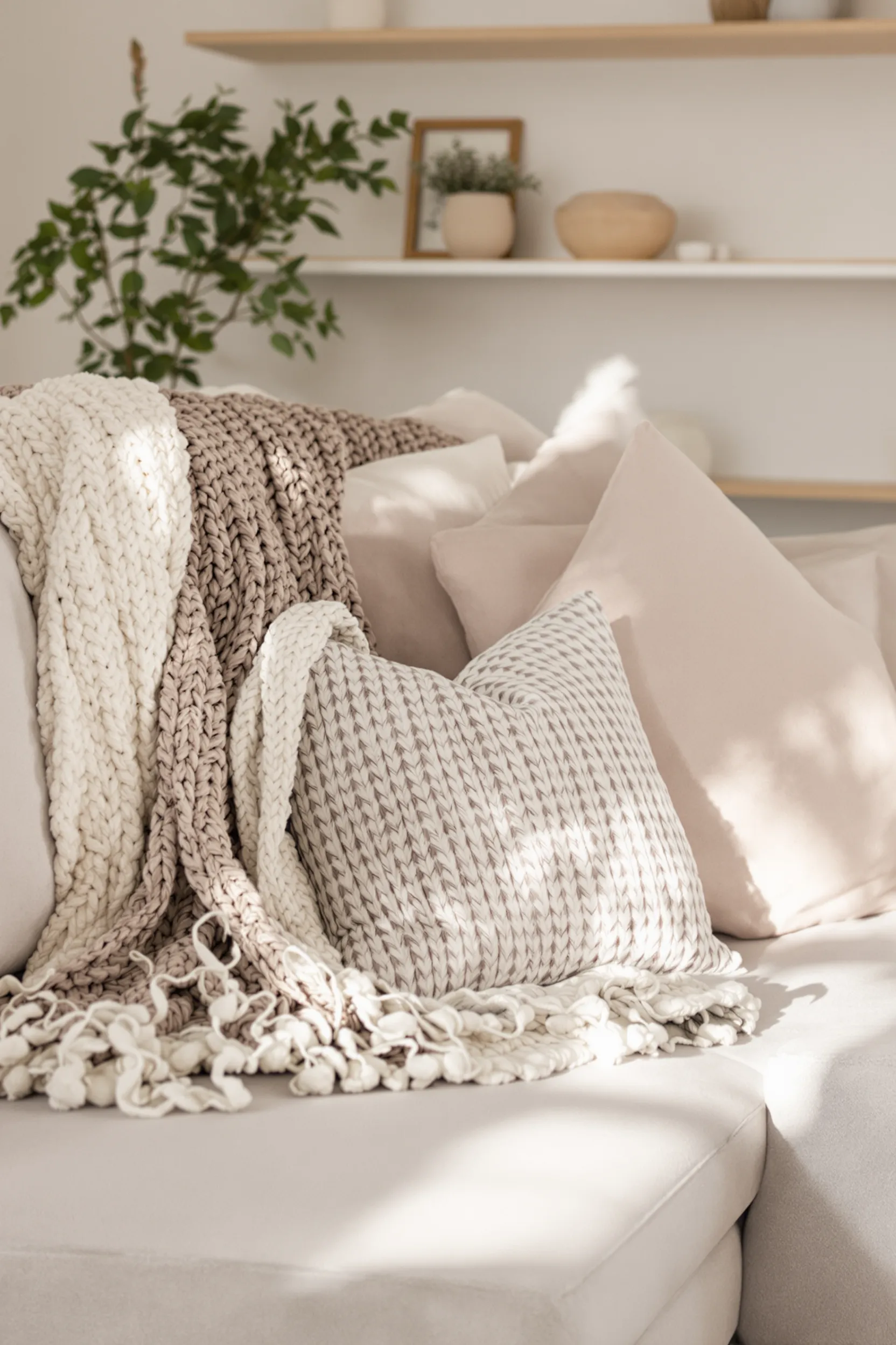 Image of a comfortable couch with an assortment of soft throws and cushions