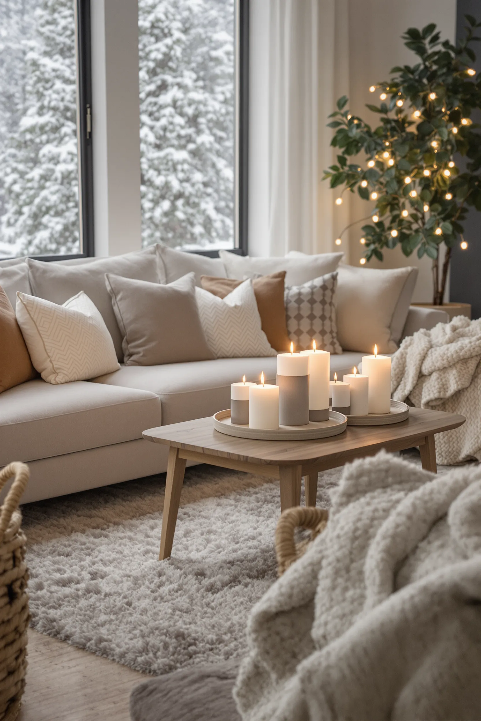 Image of a living room with ambient lighting and lit candles on a coffee table