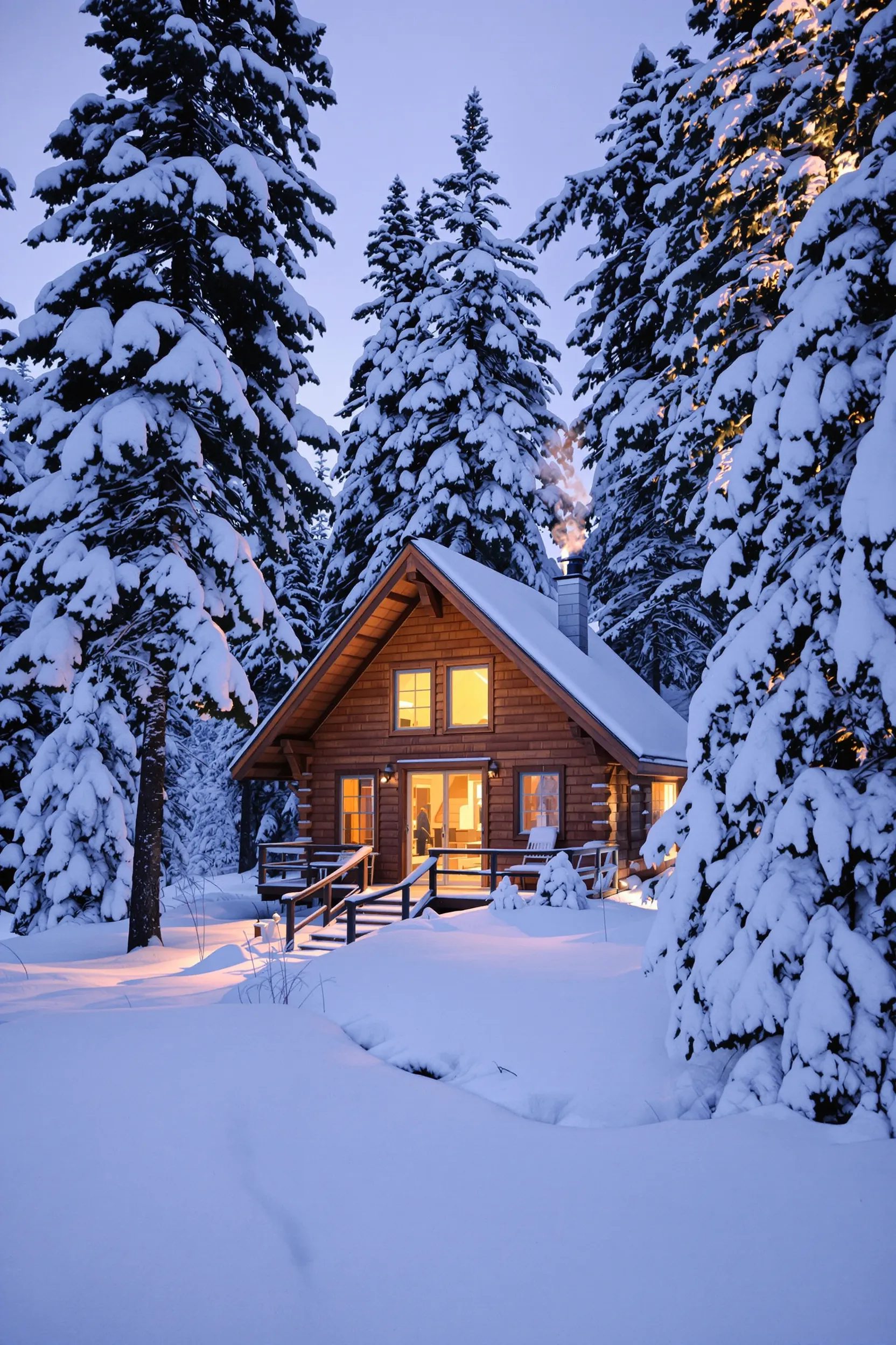 a cozy cabin in a snowy forest