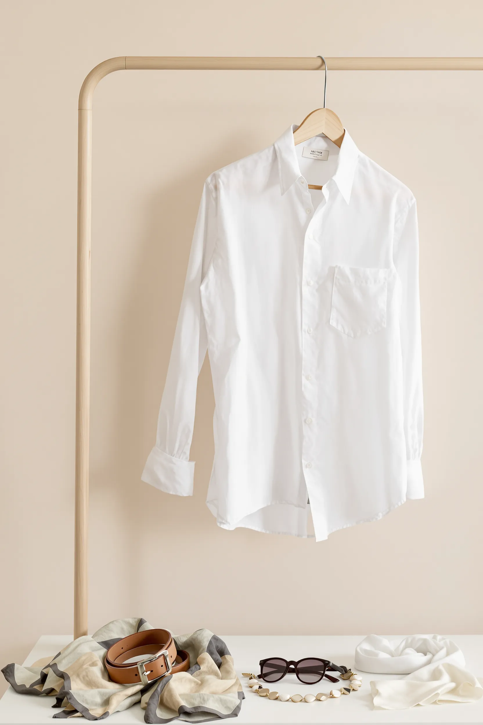 A crisp white shirt hanging beautifully on a rack, with various styling options laid out