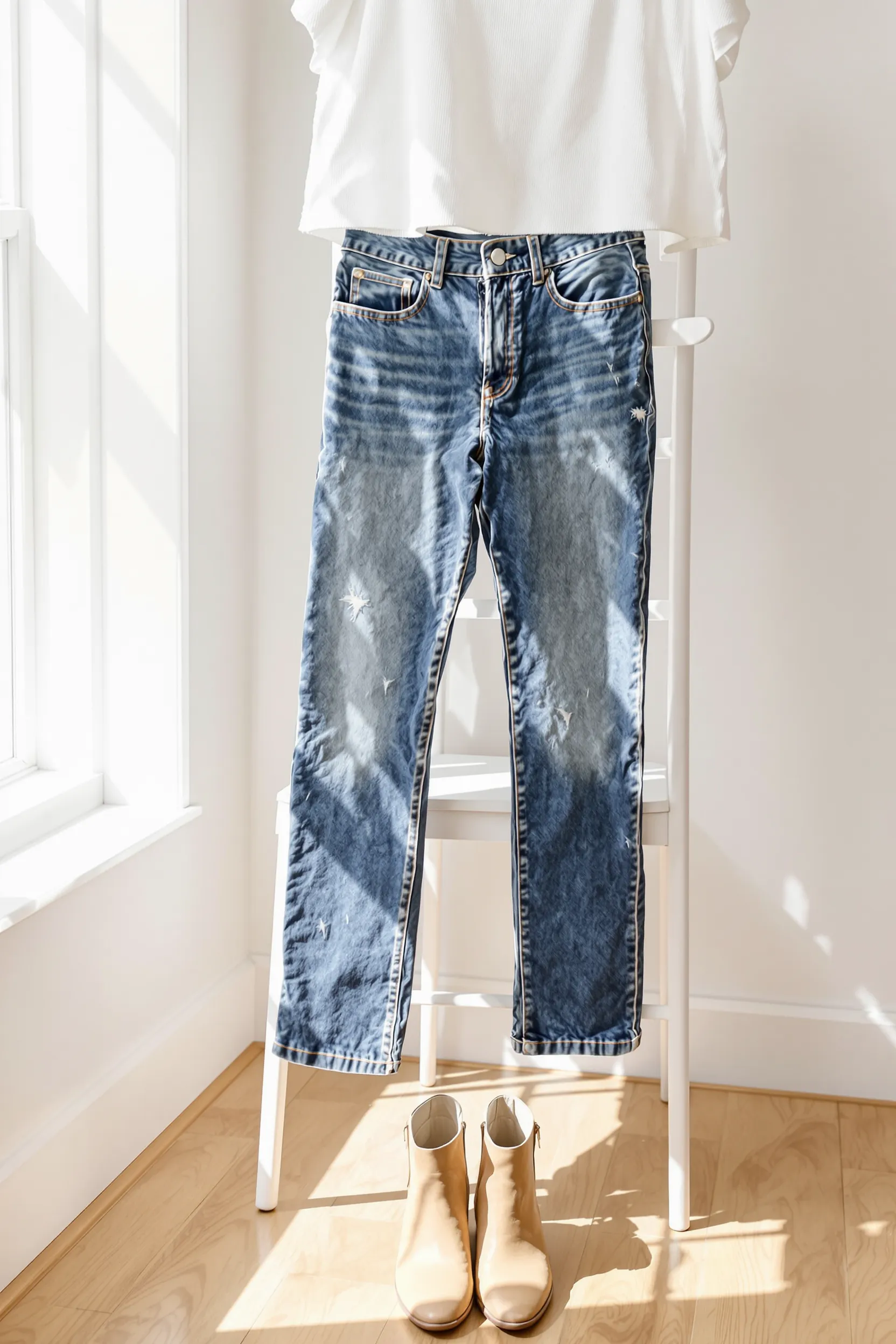 A pair of classic blue jeans styled with a casual white top and boots