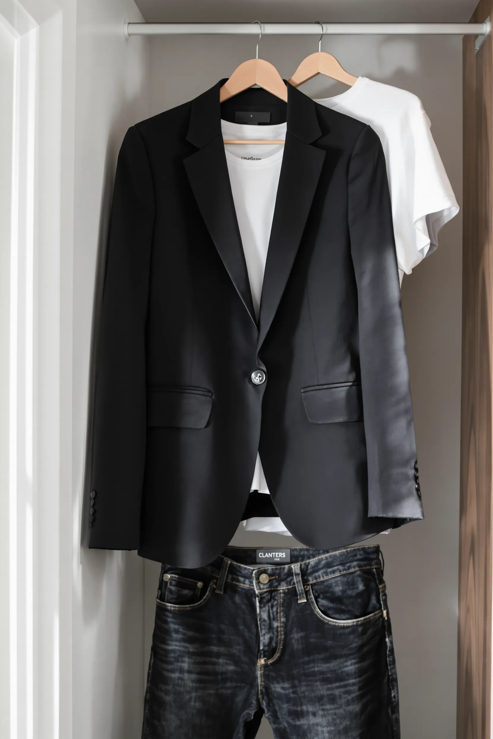 A tailored blazer hung stylishly in a closet alongside a casual white tee and jeans